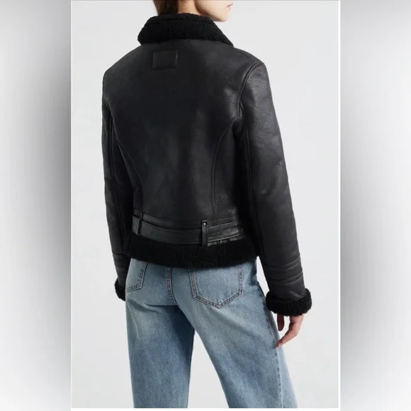 Frye Black Leather Jacket with genuine shearling trim - Picture 3 of 9